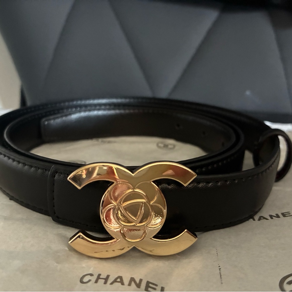 CHANEL Black Leather Belt with Gold CC Camellia Emblem